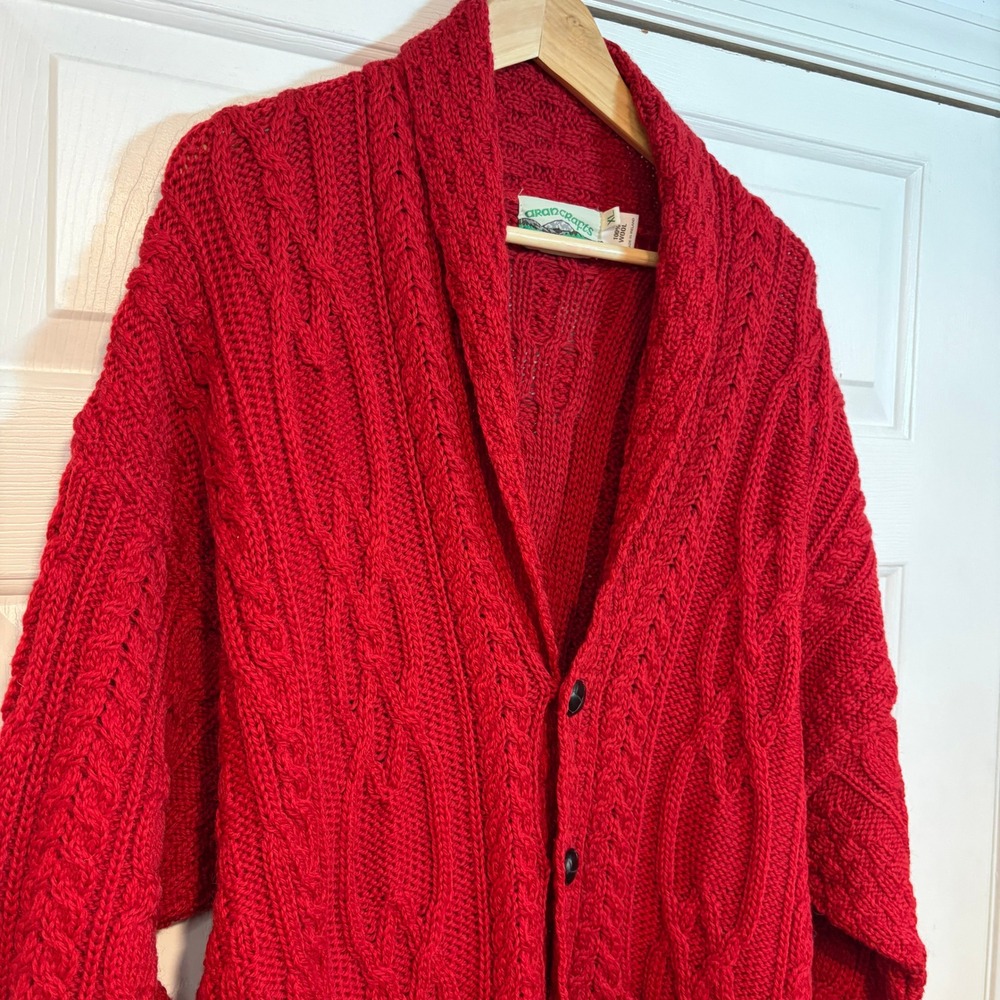 Aran Crafts Ireland Irish Red Wool Cable Knit Shawl Cardigan Sweater Mens XL